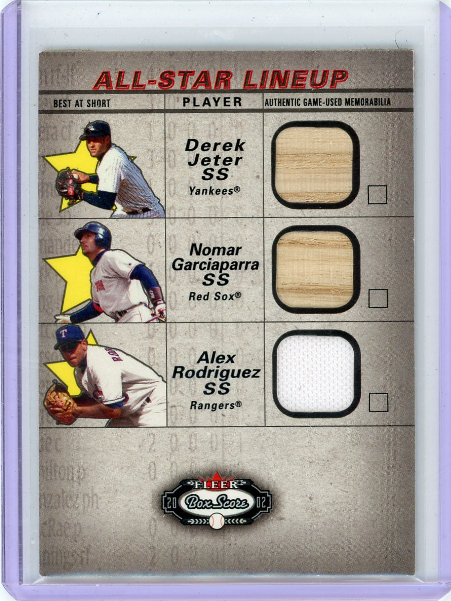 Derek Jeter / Alex Rodriguez / Nomar Garciaparra 2002 Fleer Box Score All-Star Lineup Triple Relic