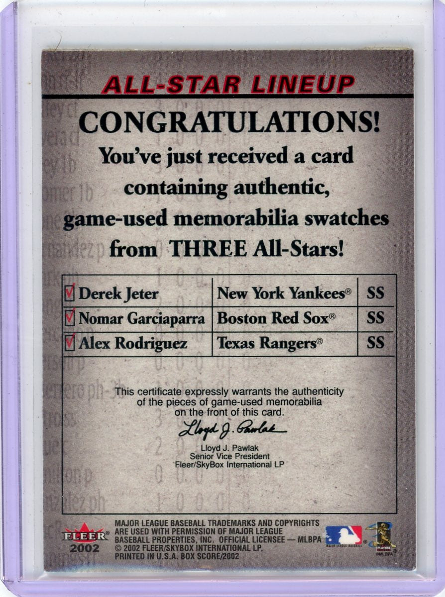 Derek Jeter / Alex Rodriguez / Nomar Garciaparra 2002 Fleer Box Score All-Star Lineup Triple Relic
